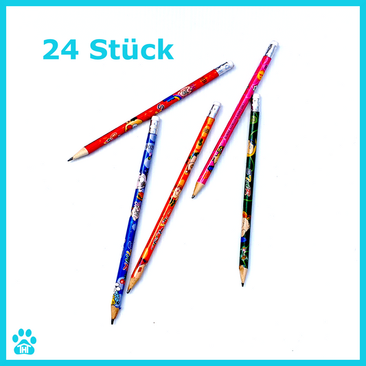 24 bunte Bleistifte mit Radiergummi und verschiedene Motive Schule Kita Zeichnen